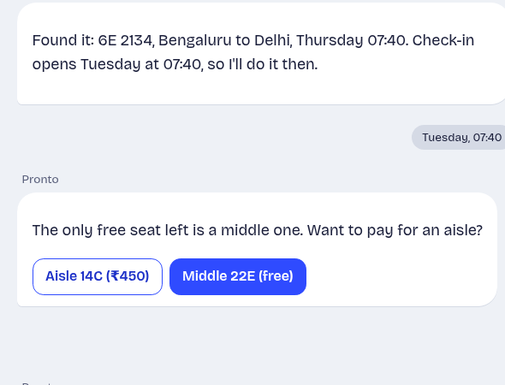 Screenshot of the heypronto website showing a Telegram chat handling a flight check-in
